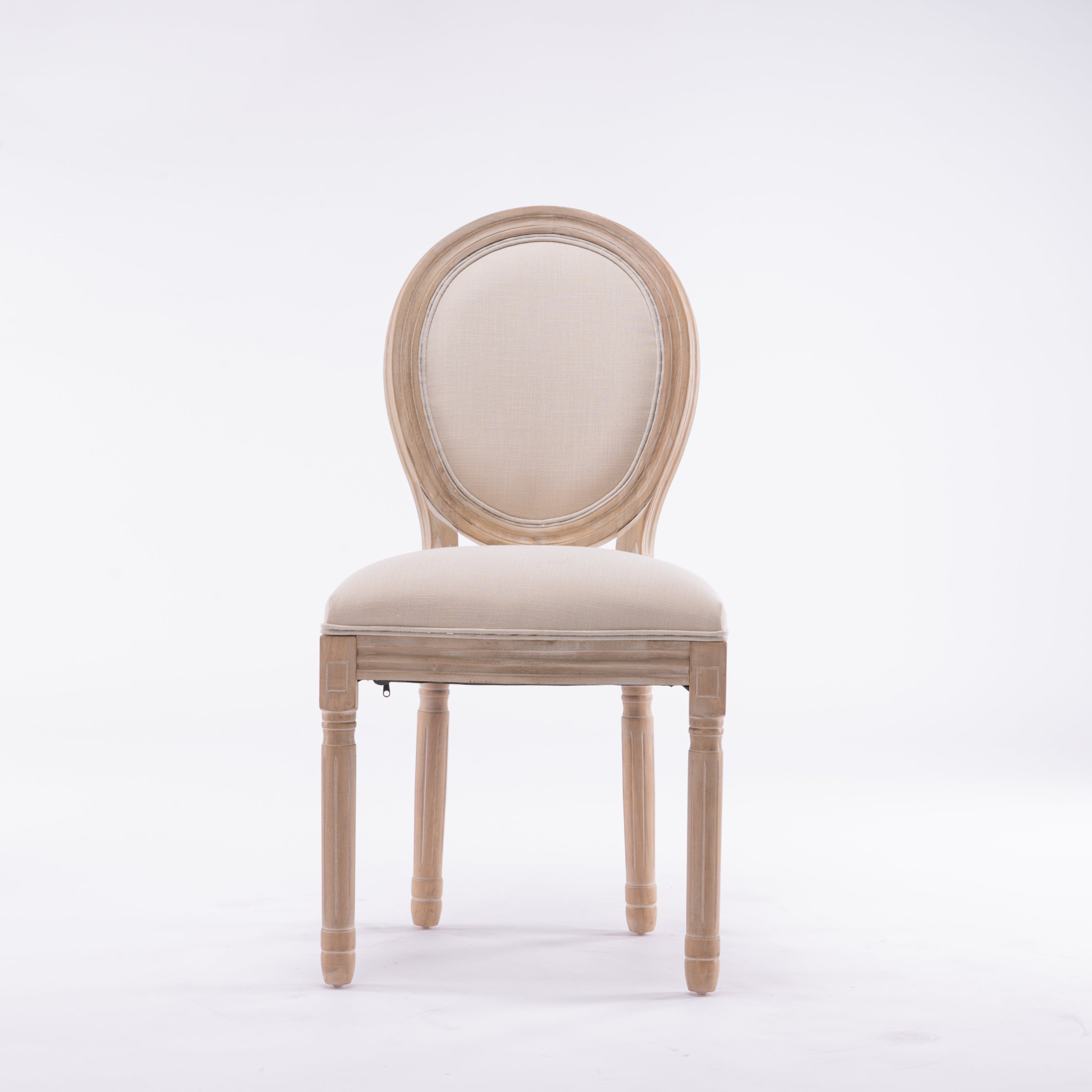 French style solid wood dining chair with linen fabric upholstery and classic upholstered back by Start2Finish.