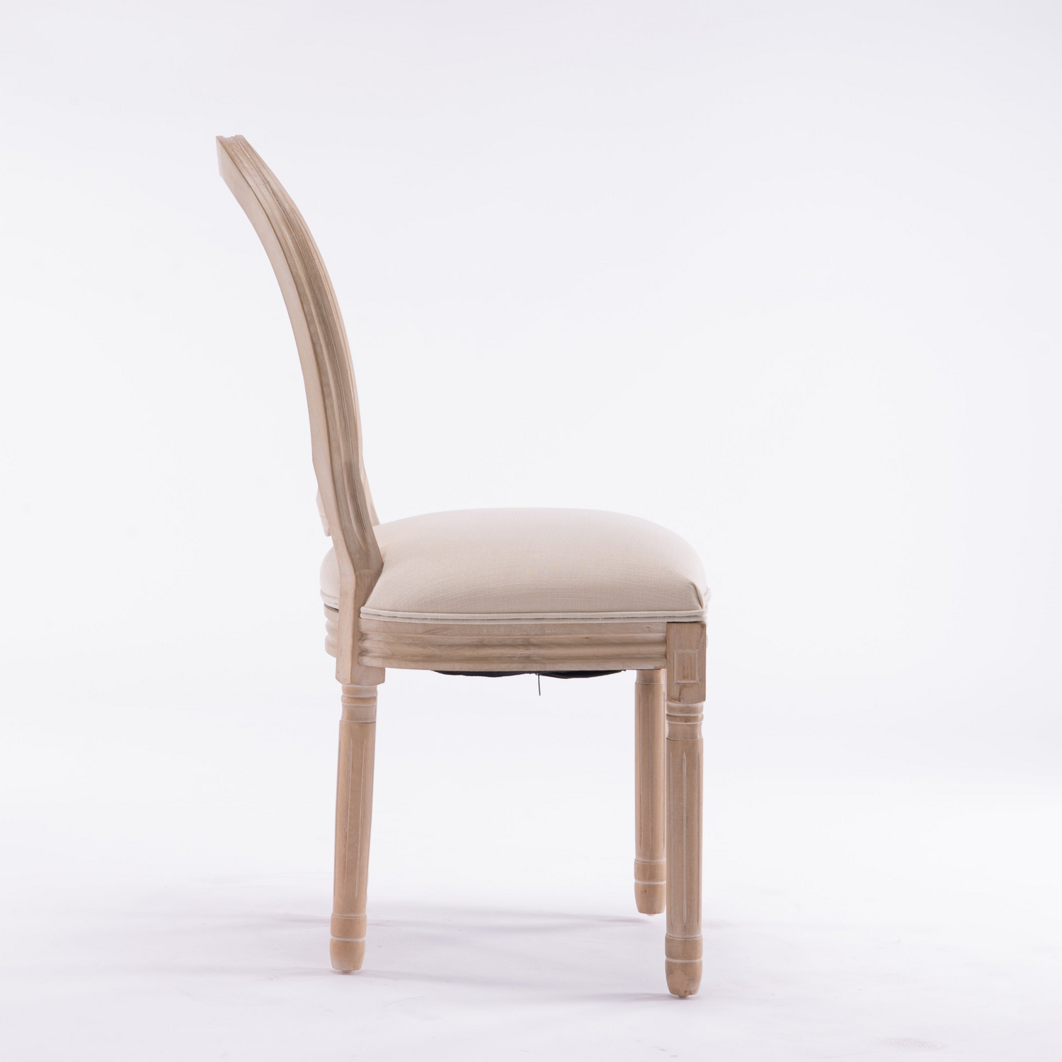 French style solid wood dining chair with linen fabric upholstery, upholstered back, and classic design by Start2Finish.