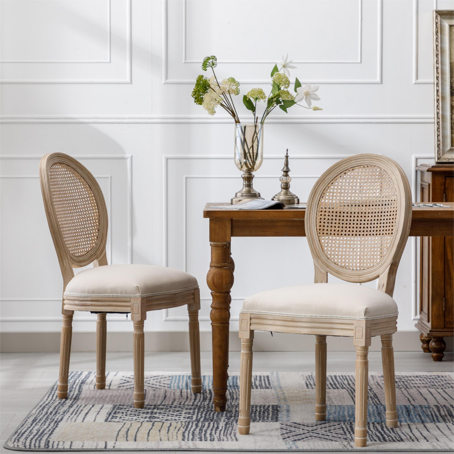 French style solid wood dining chair with linen fabric upholstery and classic upholstered back, by Start2Finish.