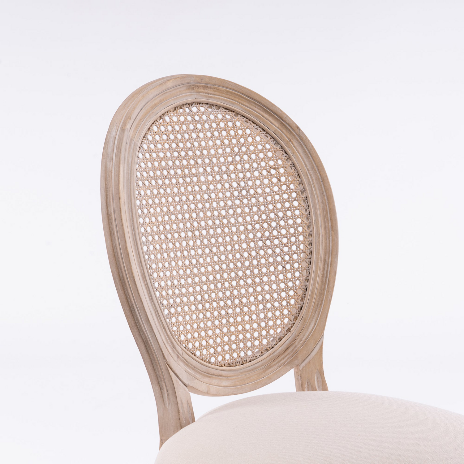 French style solid wood dining chair with linen fabric upholstery and classic upholstered back, by Start2Finish.