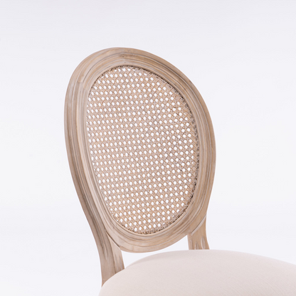 French style solid wood dining chair with linen fabric upholstery and classic upholstered back, by Start2Finish.