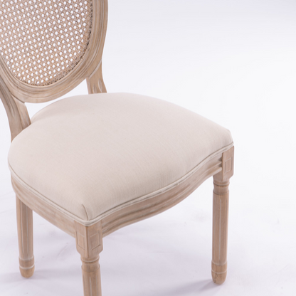 French style solid wood dining chair with linen fabric upholstery, upholstered back, and classic design from Start2Finish.