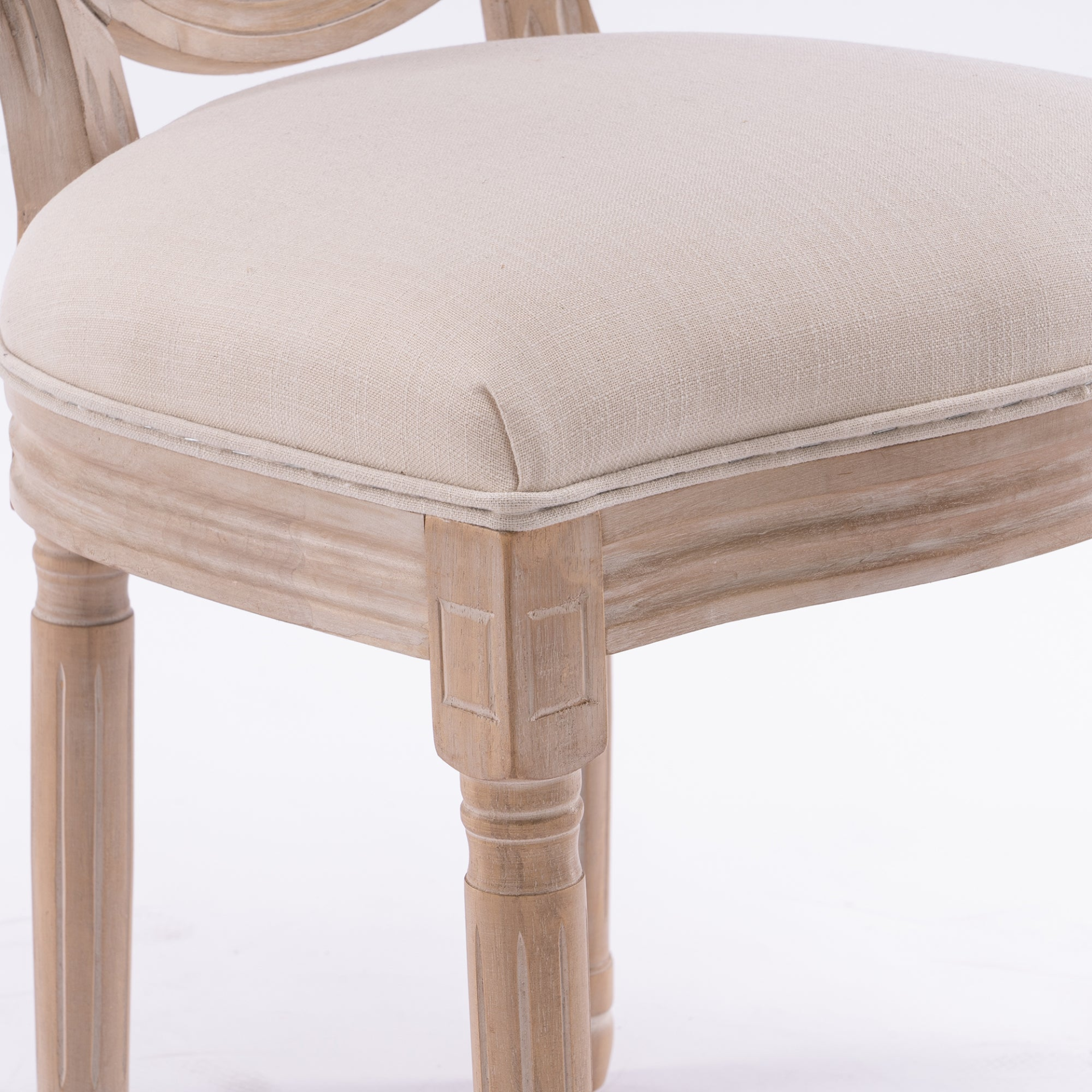 French style solid wood frame dining chair with linen fabric upholstery and classic upholstered back, by Start2Finish.