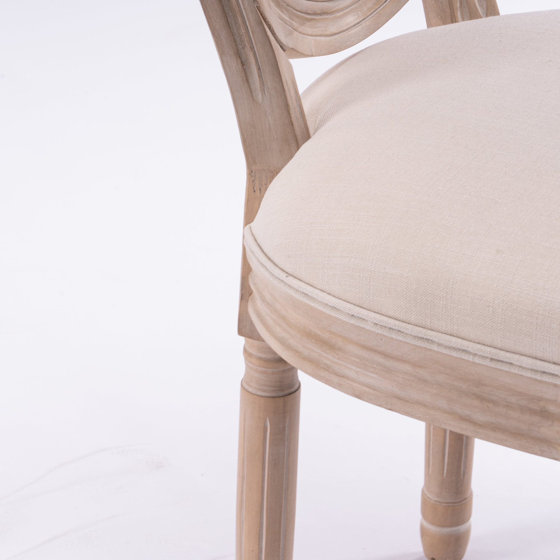 French style solid wood dining chair with linen fabric upholstery, classic upholstered back, by Start2Finish.