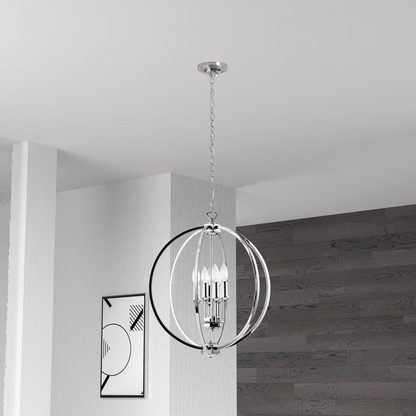 Polished chrome 6LT chandelier with jeweled accents, stylish lighting fixture featuring multiple hanging crystal-like embellishments.