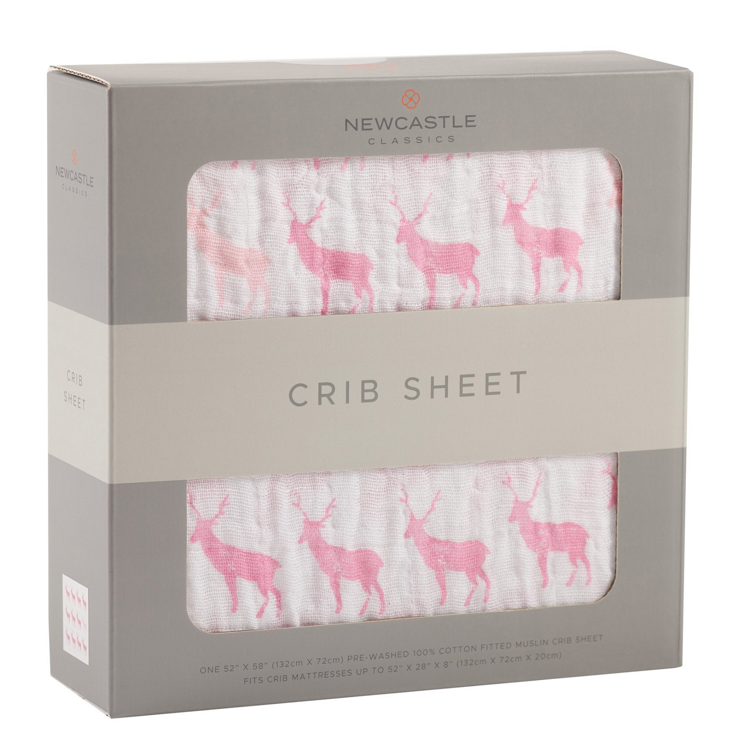 Pink Deer cotton muslin crib sheet for baby bedding by Start2Finish, featuring soft fabric and a charming deer pattern.