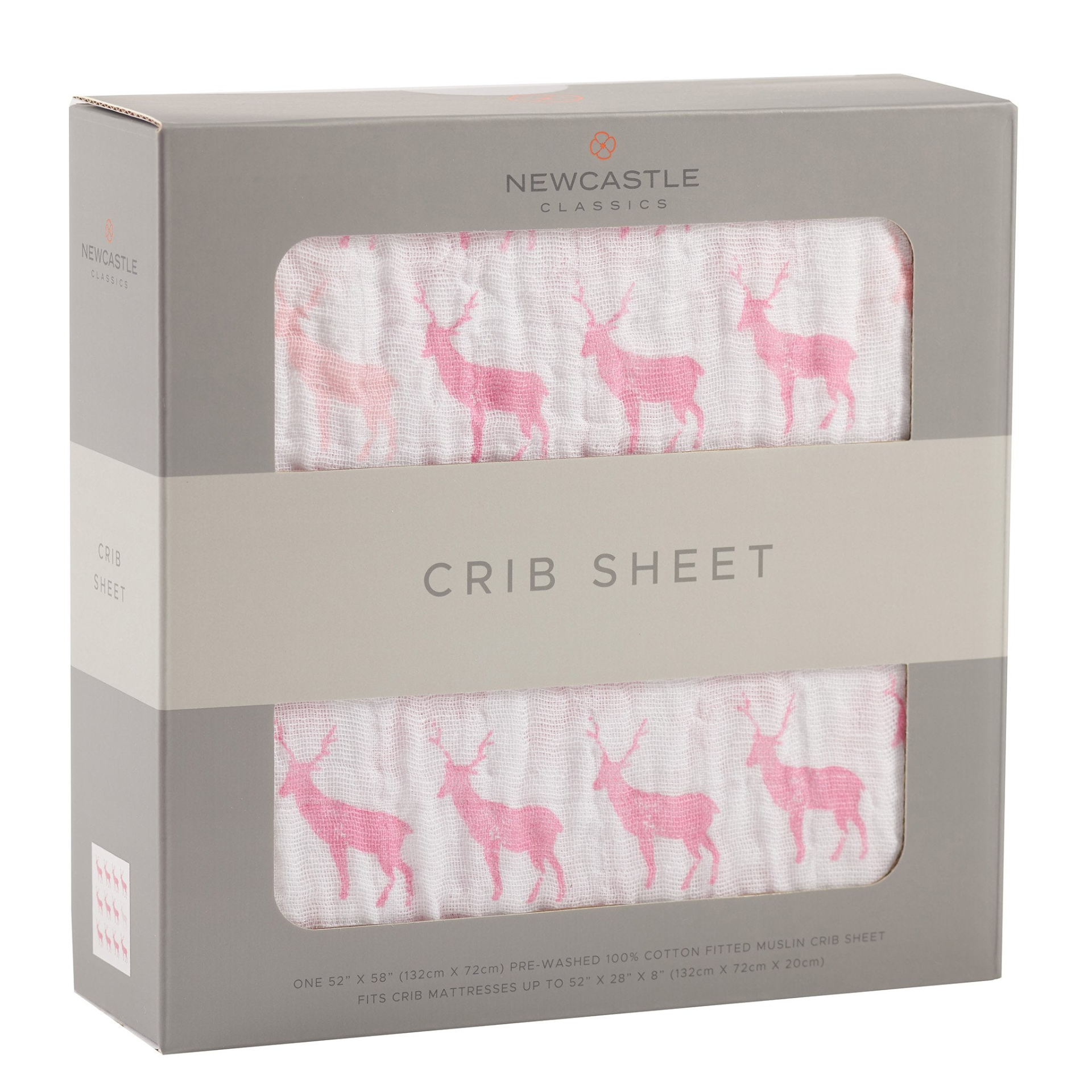 Pink Deer cotton muslin crib sheet for baby bedding by Start2Finish, featuring soft fabric and a charming deer pattern.