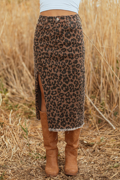 Leopard print denim midi skirt with frayed hem for women, by Byzantium Bay, shown with a stylish casual outfit.