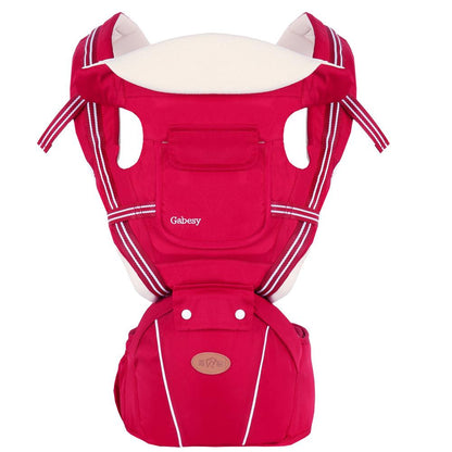 Maroon Asteria breathable multifunctional baby strap waist stool with adjustable straps and comfortable design for parents.