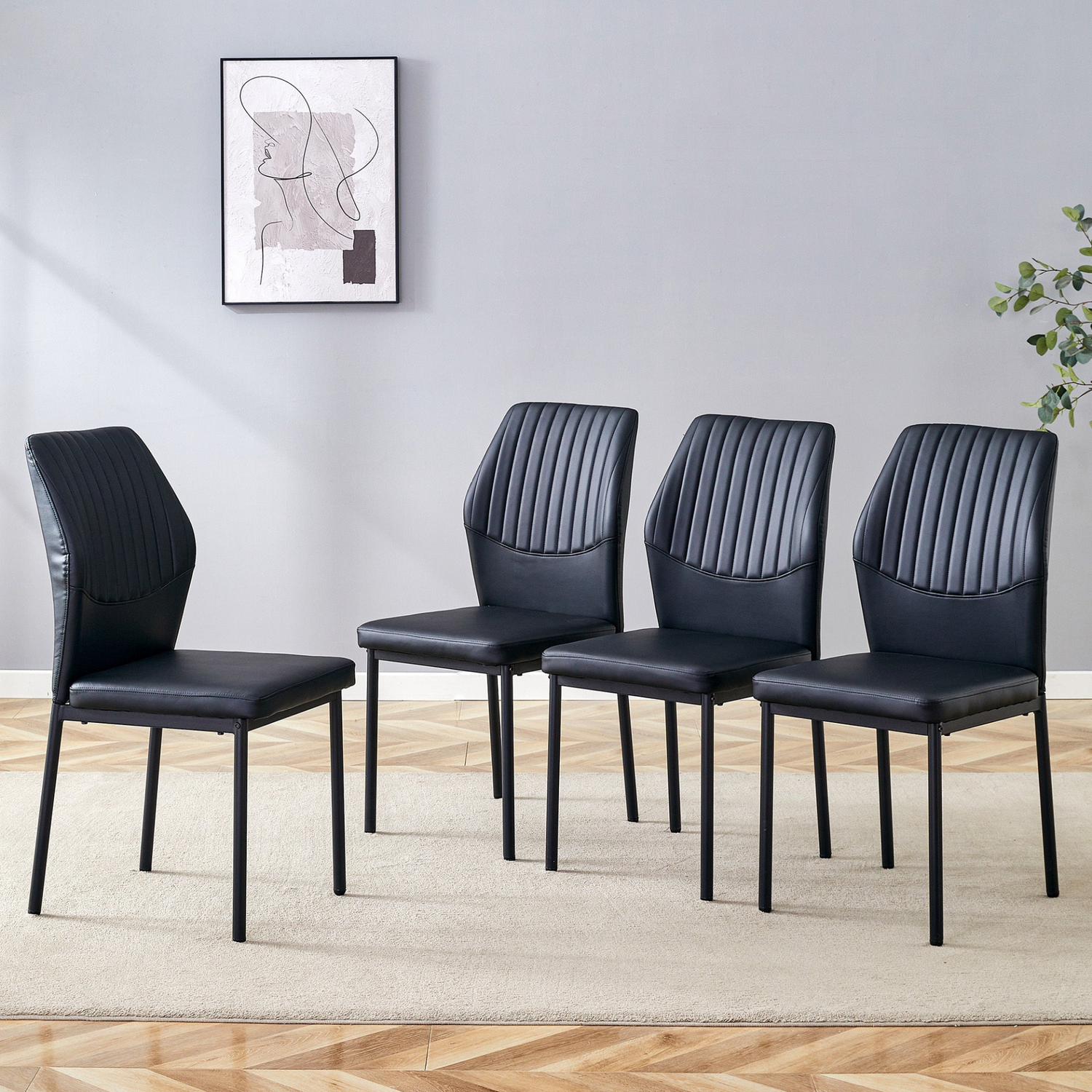 Set of four luxury Start2Finish simple dining chairs with vertical stripe backs and PU high resilience upholstery.