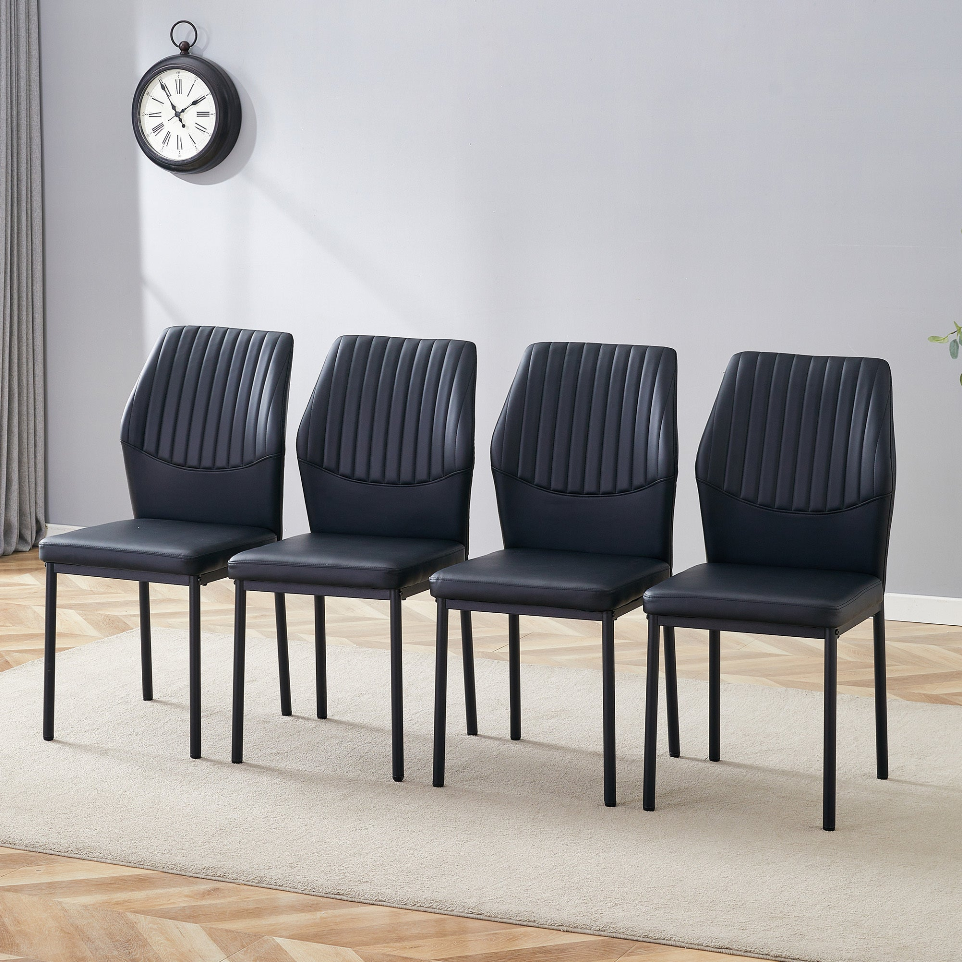 Set of four luxury Start2Finish dining chairs with vertical stripe backs, upholstered in high-resilience PU leather for stylish comfort.