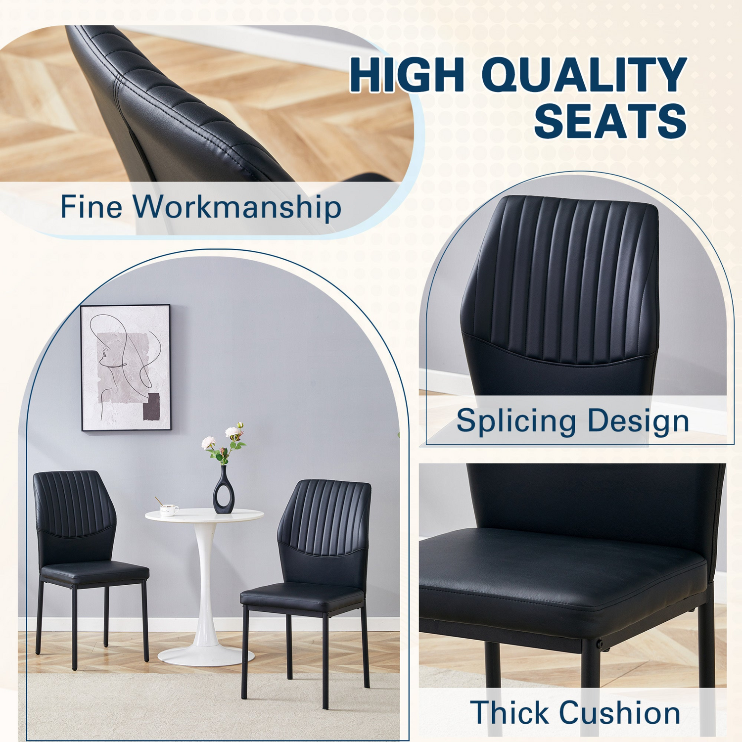 Set of four luxury simple dining chairs by Start2Finish with vertical stripe upholstered backs and high resilience PU seats.