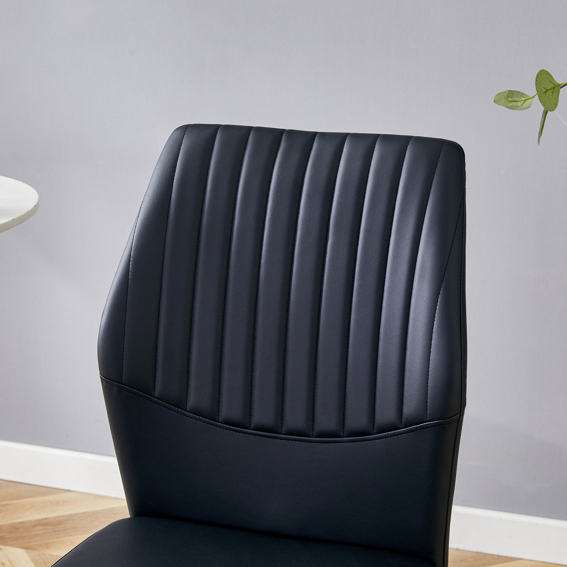 Set of four luxury Start2Finish dining chairs with vertical stripe back, featuring high-resilience PU upholstery and modern furniture design.