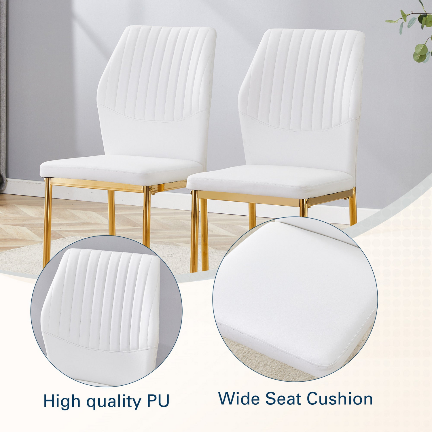 Set of four luxury Start2Finish dining chairs with high resilience PU upholstery and vertical stripe back design.