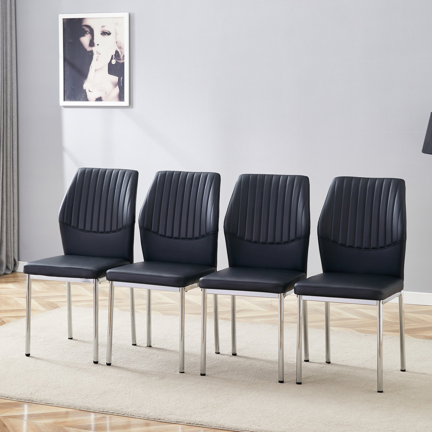 Set of 4 luxury Start2Finish dining chairs with vertical stripe backs, featuring high resilience PU upholstery and sleek modern design.