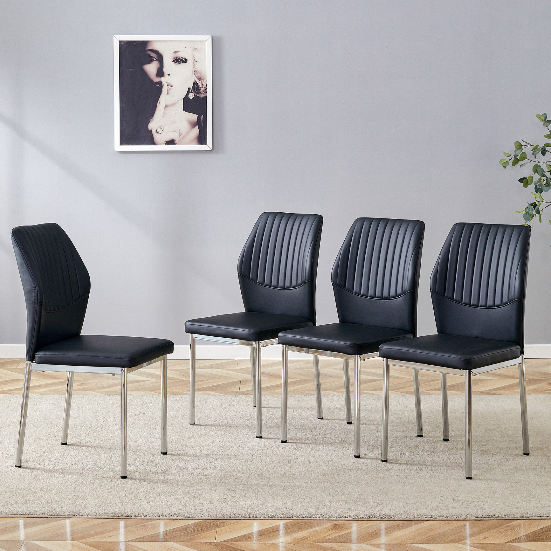 Set of four Start2Finish luxury simple dining chairs with vertical stripe back, upholstered in PU high resilience material.