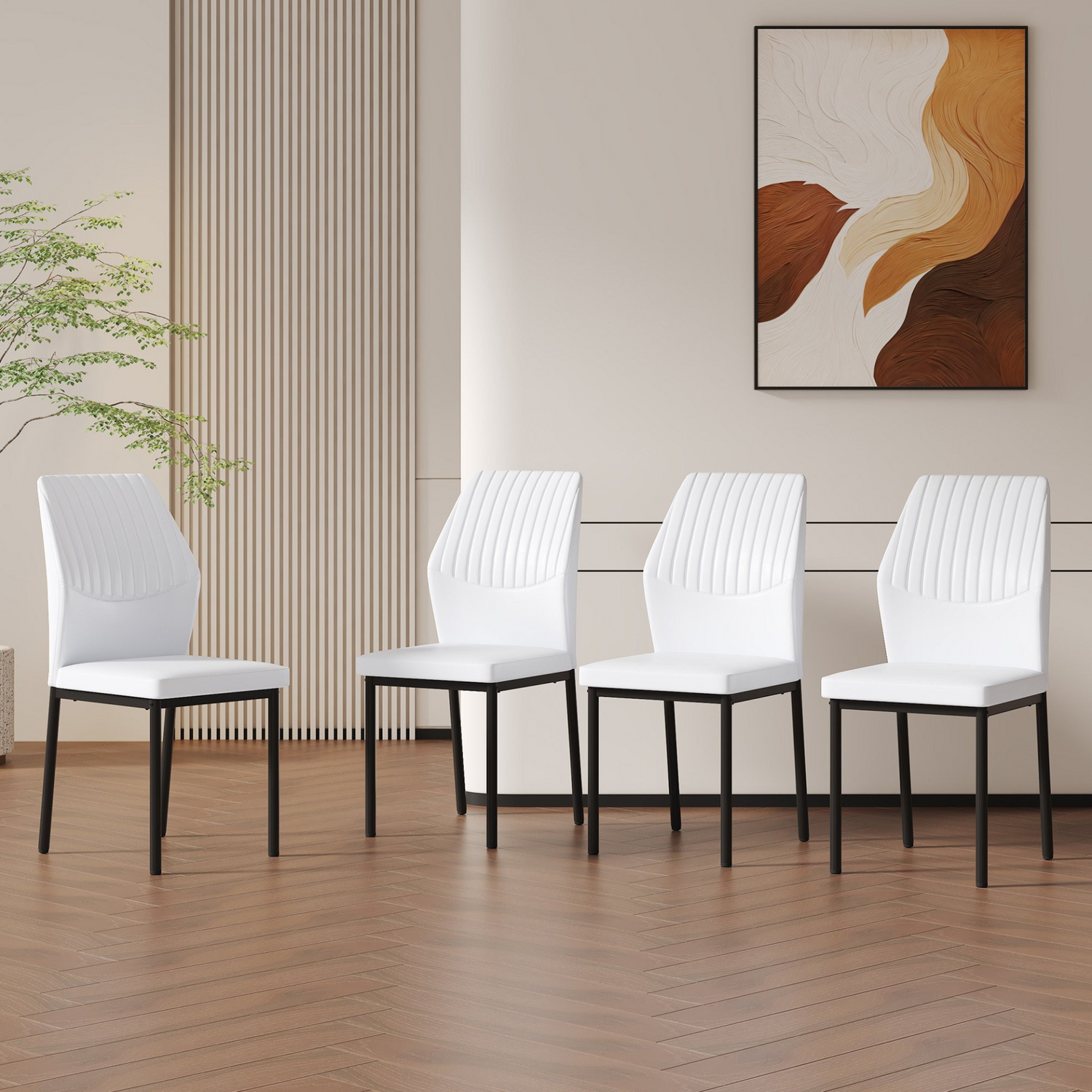 Set of four luxury simple dining chairs by Start2Finish with vertical stripe back and high resilience PU upholstery.
