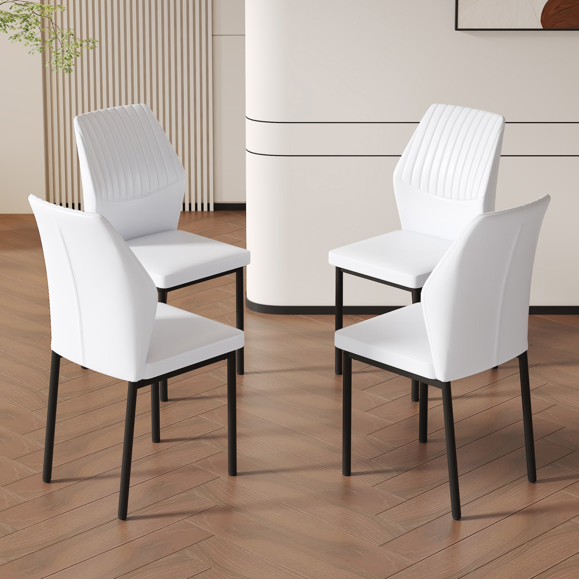Set of four luxury Start2Finish dining chairs with vertical stripe backs, featuring simple design and high resilience PU upholstery.