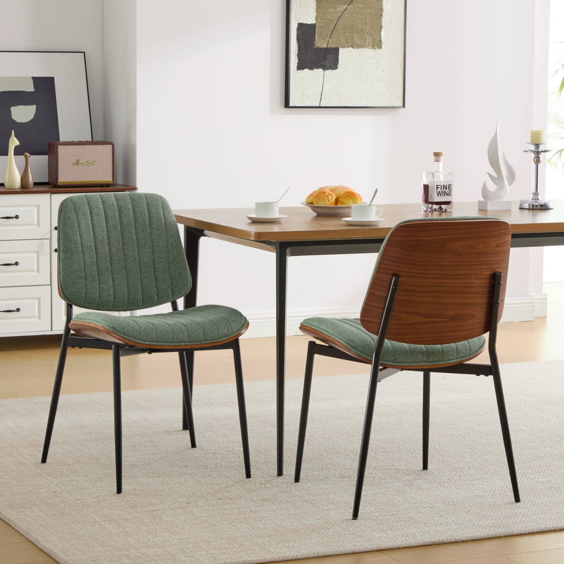 Set of 2 mid-century modern upholstered dining chairs with walnut bentwood backs, metal legs, and adjustable feet for kitchen or dining room.