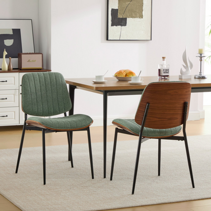 Set of 2 mid-century modern upholstered dining chairs with walnut bentwood backs, metal legs, and adjustable feet for kitchen or dining room.
