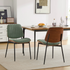 Set of 2 mid-century modern upholstered dining chairs with walnut bentwood backs, metal legs, and adjustable feet for kitchen or dining room.