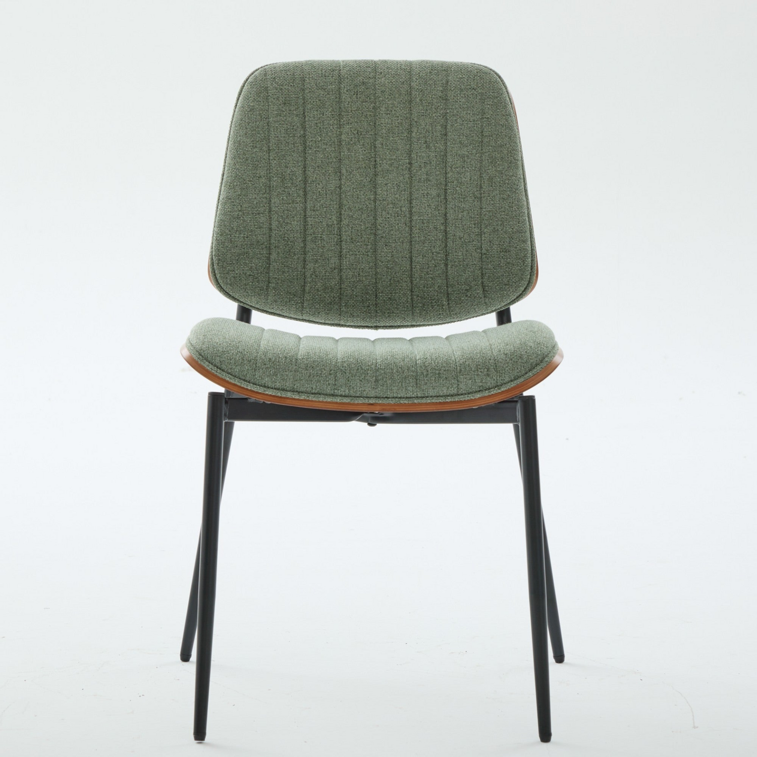 Set of 2 mid-century modern upholstered dining chairs with walnut bentwood backs, metal legs, and adjustable feet for kitchen and dining room.