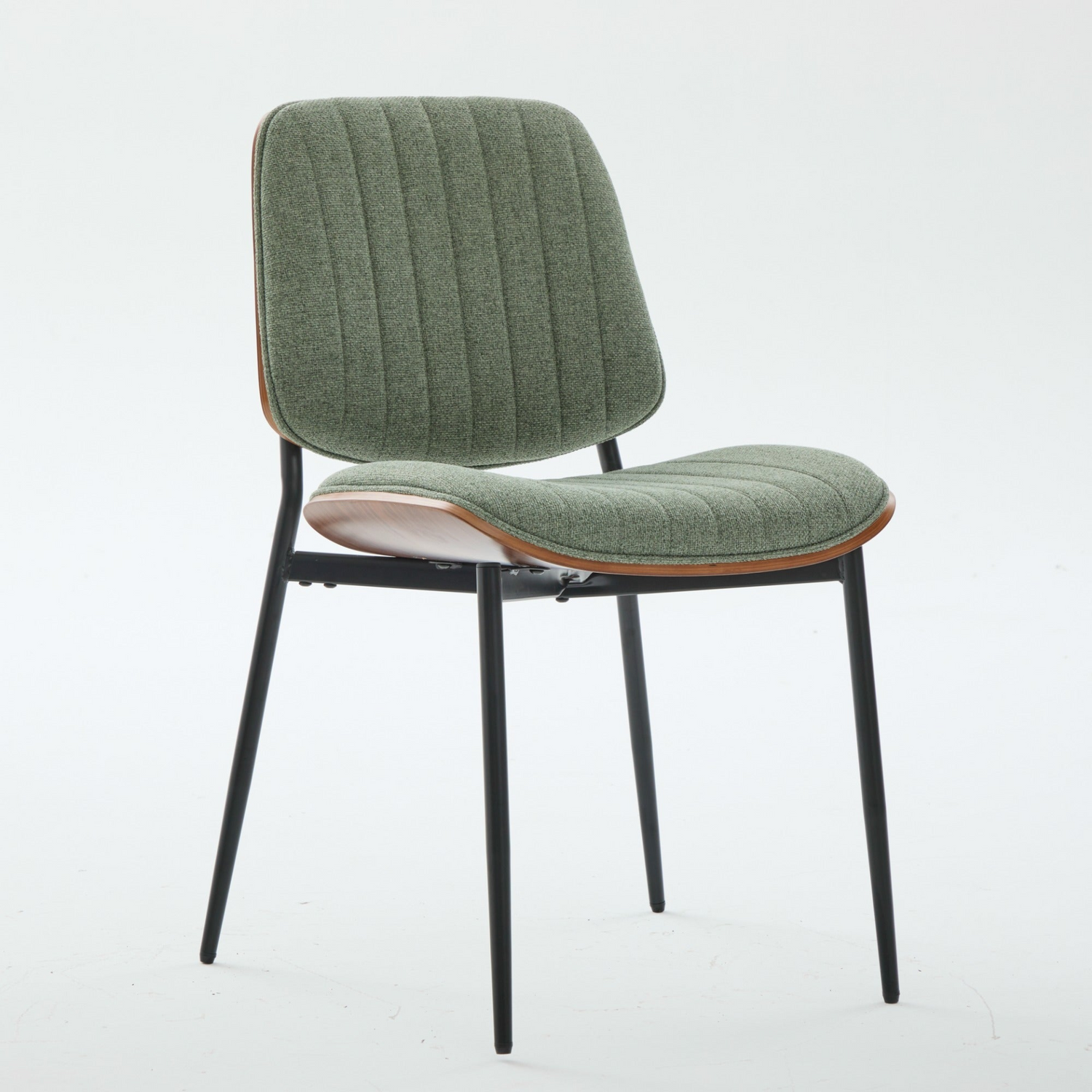Set of 2 Mid Century Modern upholstered dining chairs with walnut bentwood backs, metal legs, and adjustable feet.