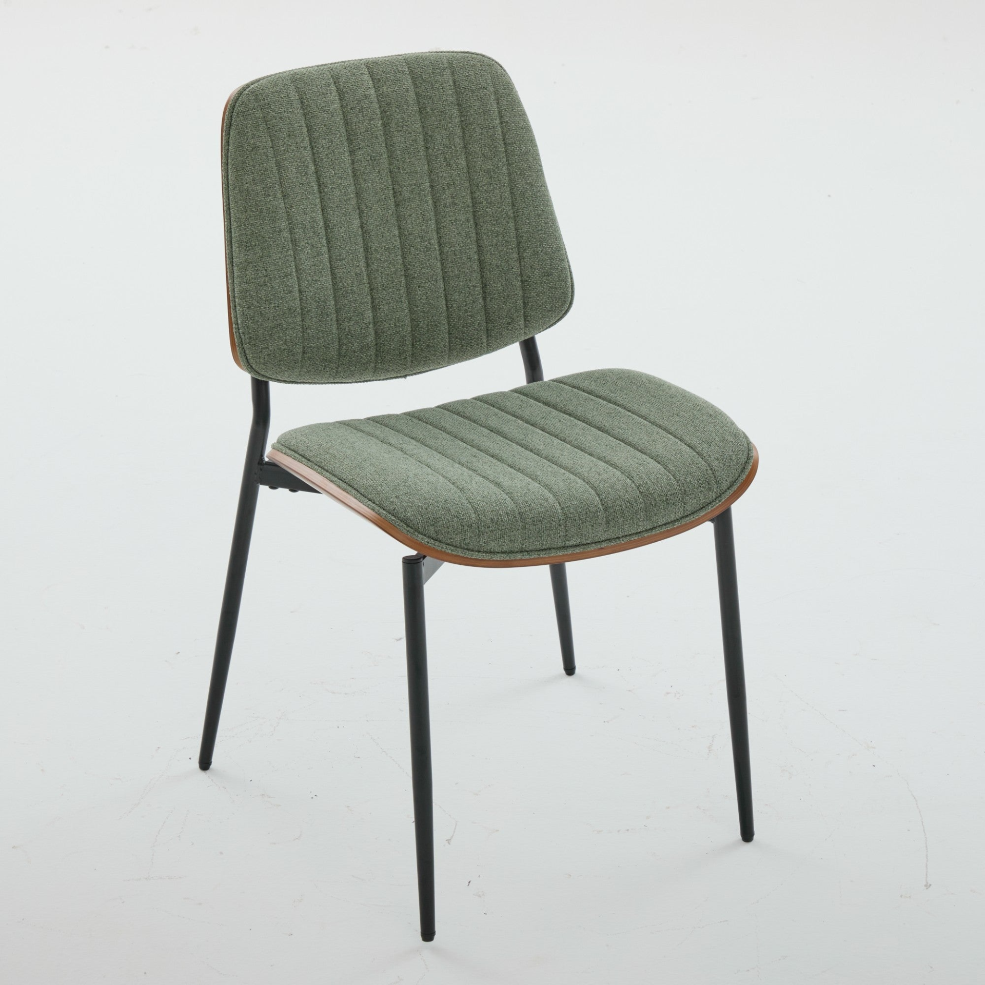 Pair of Mid Century Modern Start2Finish upholstered dining chairs with walnut bentwood backs, metal legs, and adjustable feet.