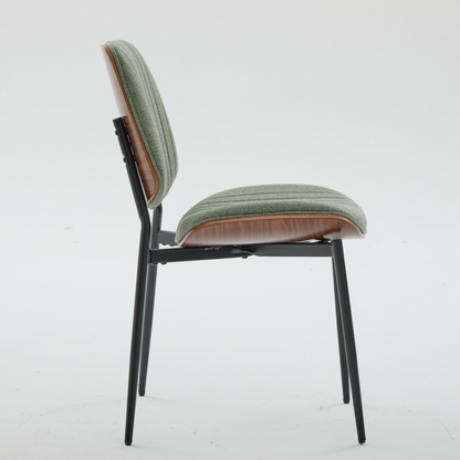 Set of 2 Mid Century Modern upholstered dining chairs with walnut bentwood backs, metal legs, and adjustable feet for kitchen or dining room.