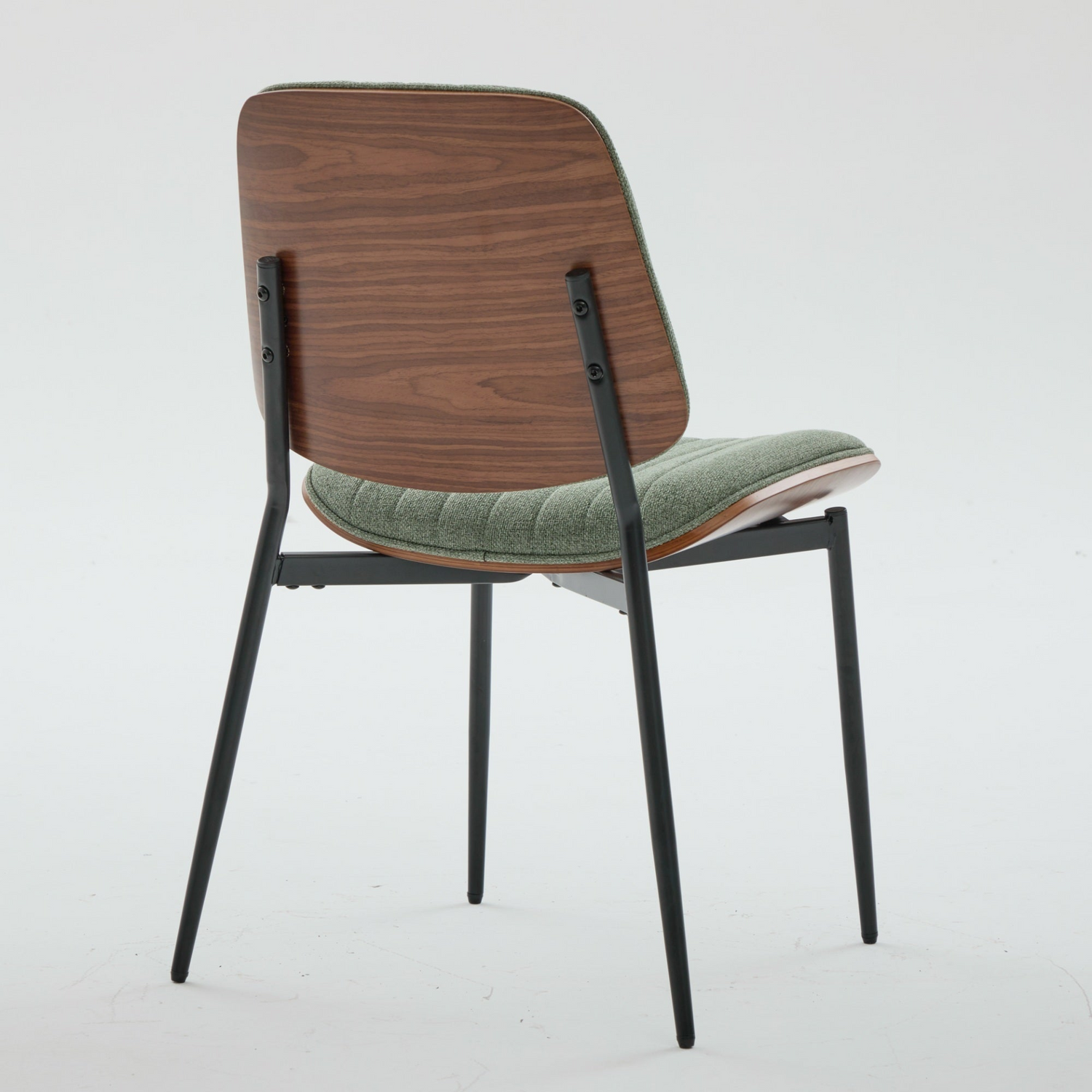 Pair of Mid Century Modern upholstered dining chairs with walnut bentwood backs, metal legs, and adjustable feet for kitchen and dining room.