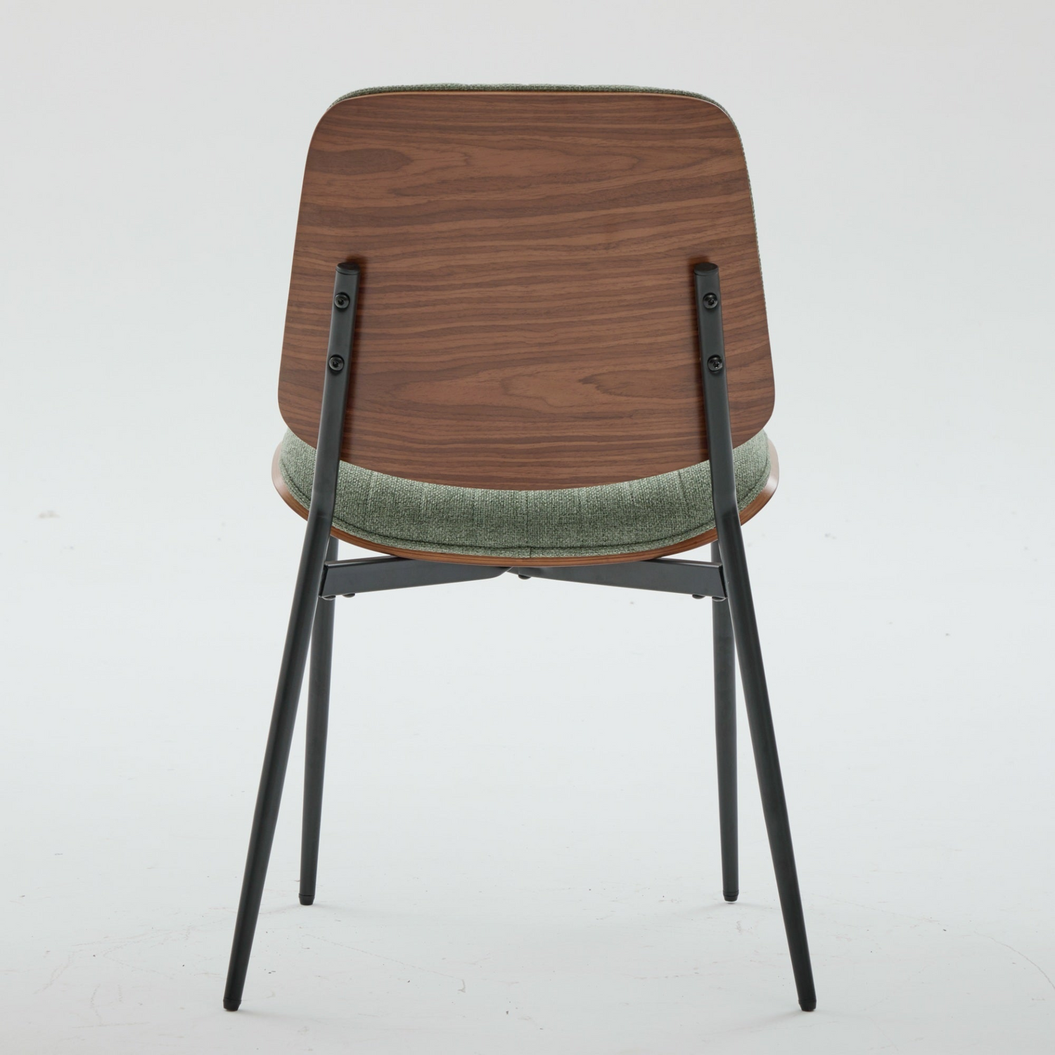Set of 2 Mid Century Modern upholstered dining chairs with walnut bentwood backs, metal legs, and adjustable feet for kitchen and dining.