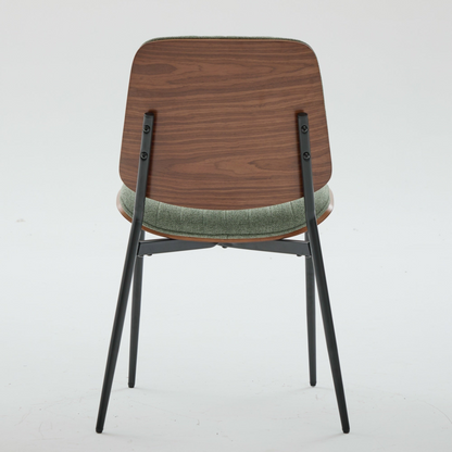Set of 2 Mid Century Modern upholstered dining chairs with walnut bentwood backs, metal legs, and adjustable feet for kitchen and dining.