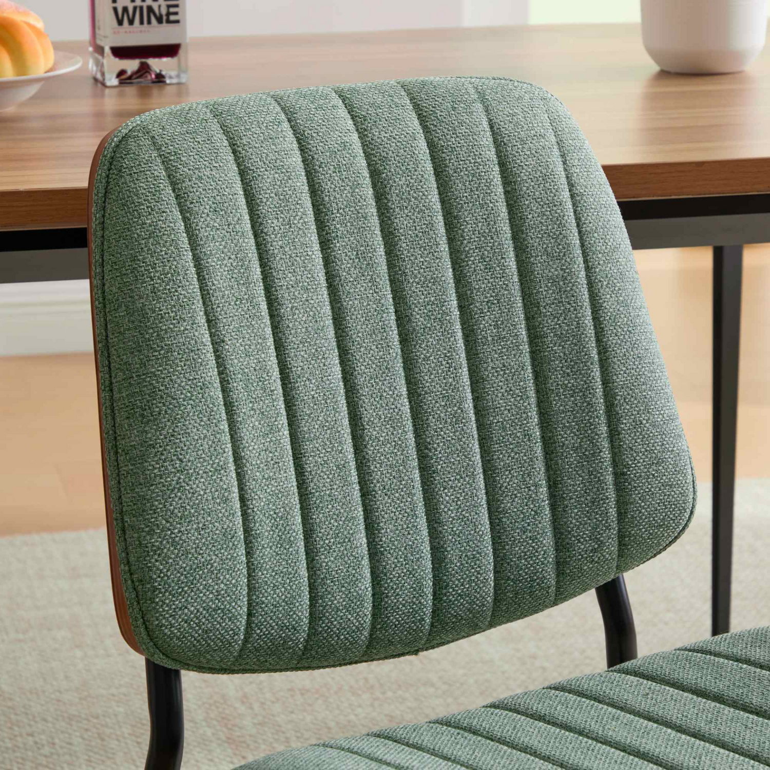 Set of 2 Start2Finish mid-century modern dining chairs with walnut bentwood backs, upholstered seats, metal legs, and adjustable feet.