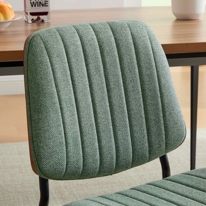 Set of 2 Start2Finish mid-century modern dining chairs with walnut bentwood backs, upholstered seats, metal legs, and adjustable feet.