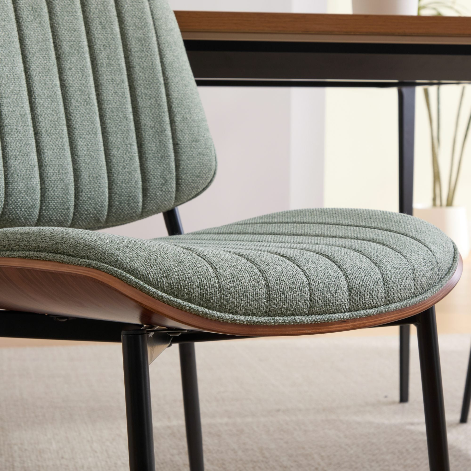Set of 2 mid-century modern upholstered dining chairs with walnut bentwood back and metal legs for kitchen or dining room.