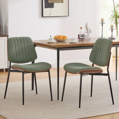 Set of 2 Start2Finish mid-century modern dining chairs with walnut bentwood backs, upholstered seats, and metal legs.