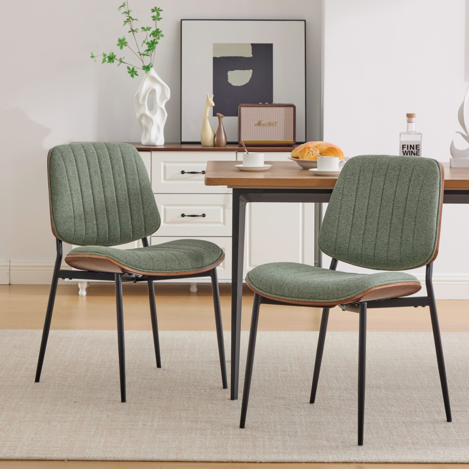 Set of 2 Mid Century Modern upholstered dining chairs with walnut bentwood backs, metal legs, and adjustable feet.