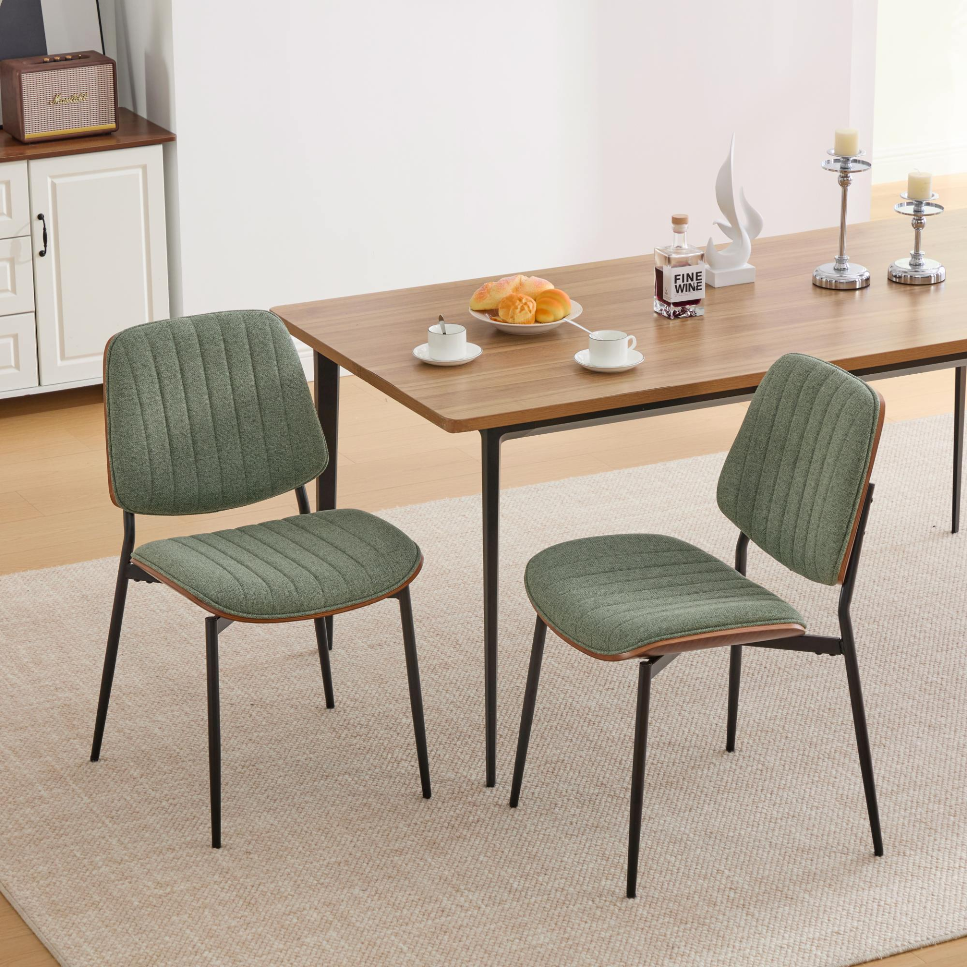 Set of 2 Mid Century Modern upholstered dining chairs by Start2Finish with walnut bentwood backs, metal legs, and adjustable feet.