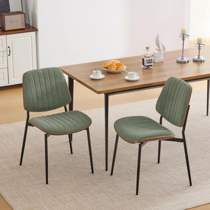 Set of 2 Mid Century Modern upholstered dining chairs by Start2Finish with walnut bentwood backs, metal legs, and adjustable feet.