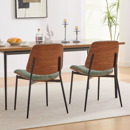 Set of 2 Mid Century Modern dining chairs with walnut bentwood backs, upholstered seats, metal legs, and adjustable feet.