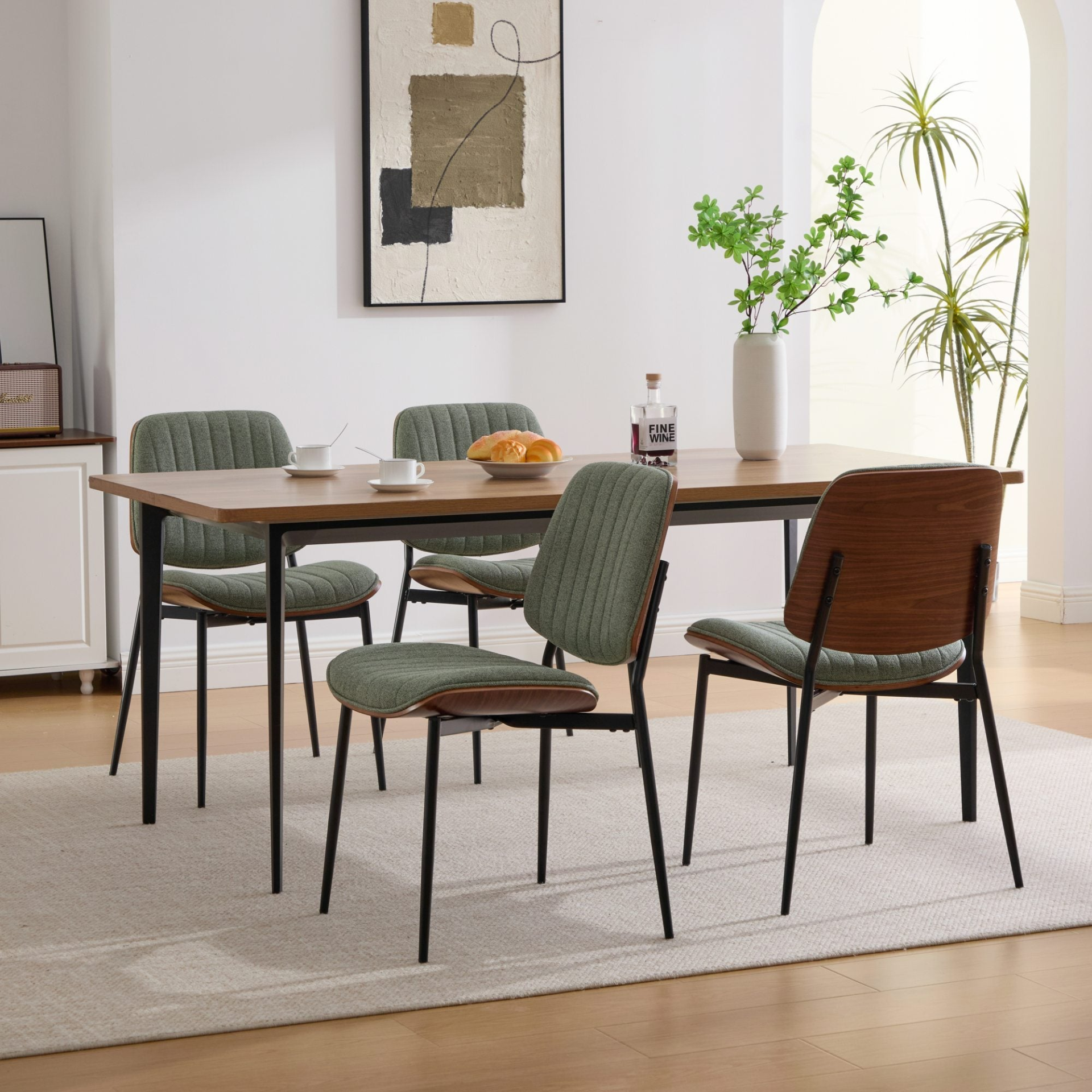 Set of 2 Start2Finish mid-century modern upholstered dining chairs with walnut bentwood backs, metal legs, and adjustable feet.