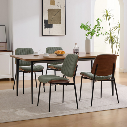 Set of 2 Start2Finish mid-century modern upholstered dining chairs with walnut bentwood backs, metal legs, and adjustable feet.