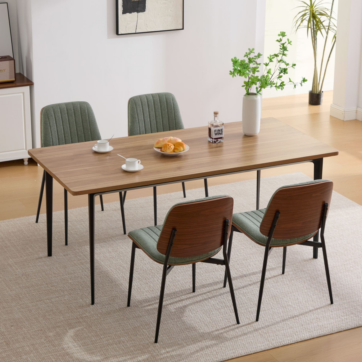 Set of 2 mid-century modern dining chairs with walnut bentwood backs, upholstered seats, metal legs, and adjustable feet.