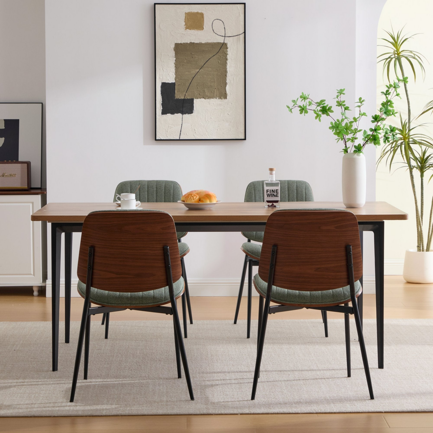 Set of 2 Mid Century Modern upholstered dining chairs with walnut bentwood backs, metal legs, and adjustable feet for kitchen and dining.