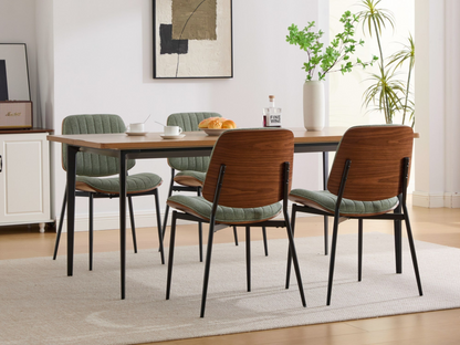Set of 2 Mid Century Modern upholstered dining chairs with walnut bentwood backs, metal legs, and adjustable feet for kitchen and dining.