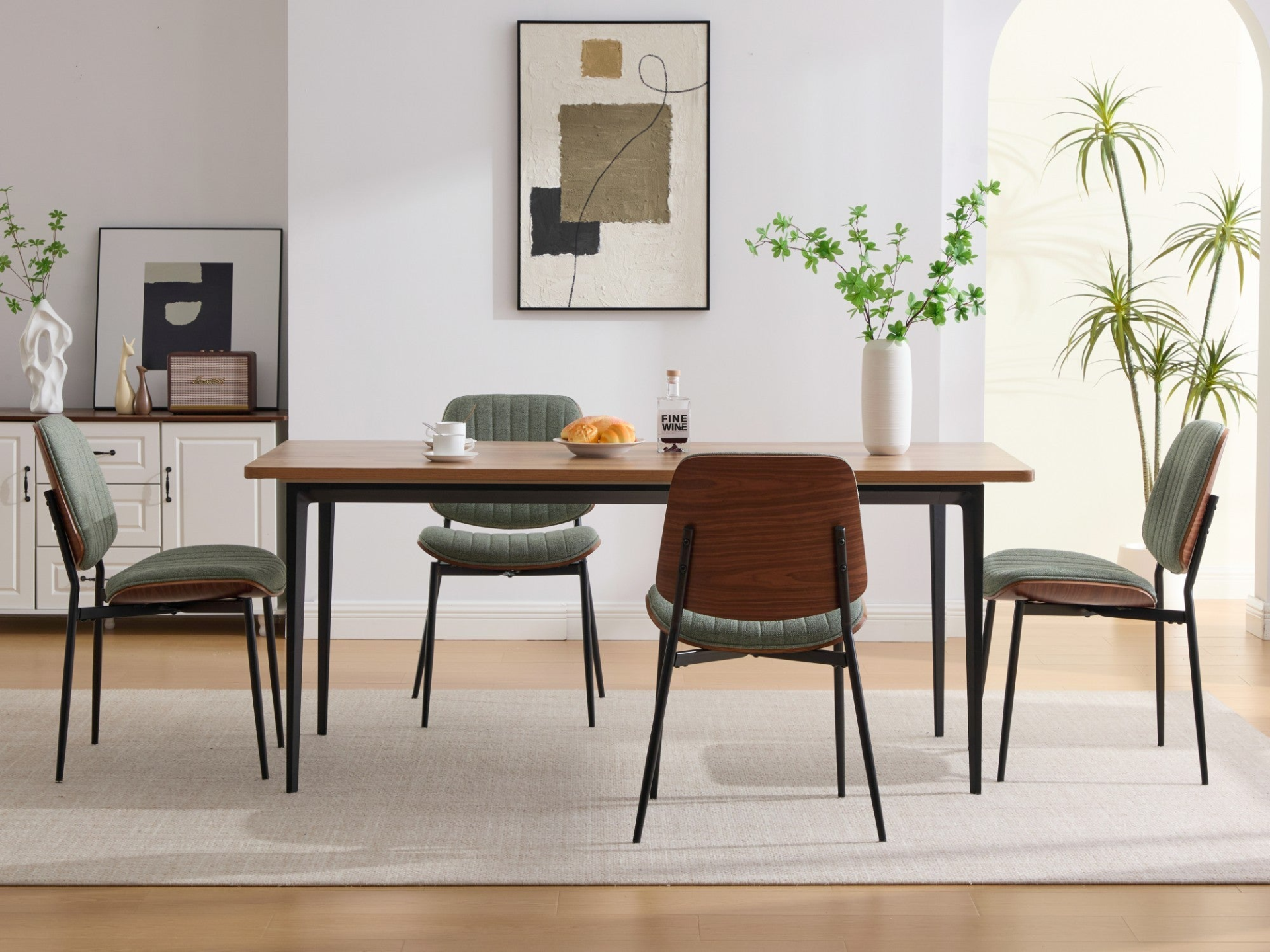 Set of 2 Mid Century Modern dining chairs with walnut bentwood backs, upholstered seats, metal legs, and adjustable feet.