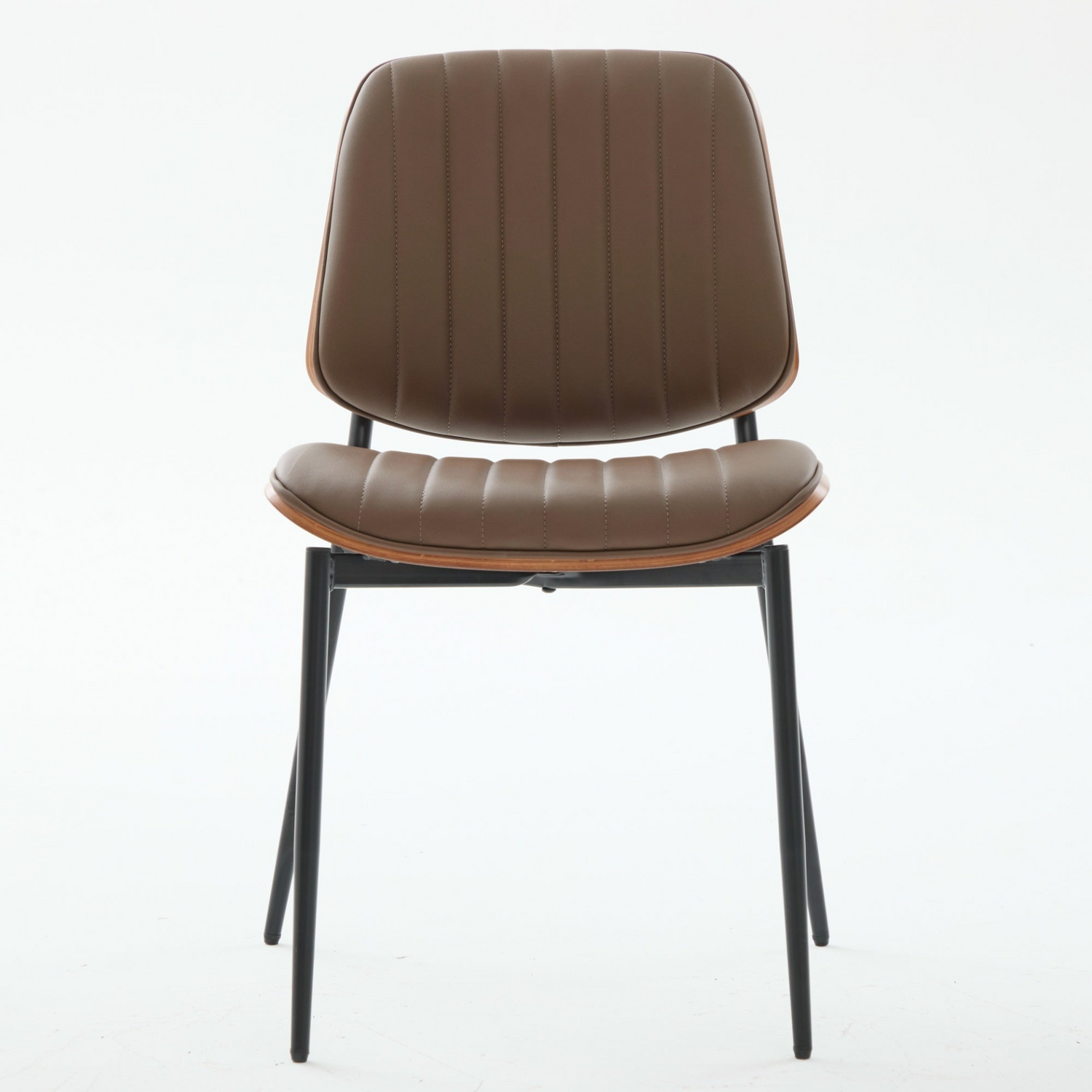 Set of 2 mid-century modern upholstered dining chairs with walnut bentwood backs, metal legs, and adjustable feet.