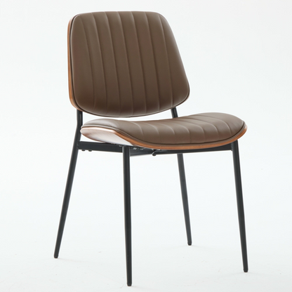 Set of 2 Mid Century Modern upholstered dining chairs with walnut bentwood backs, metal legs, and adjustable feet for kitchen use.