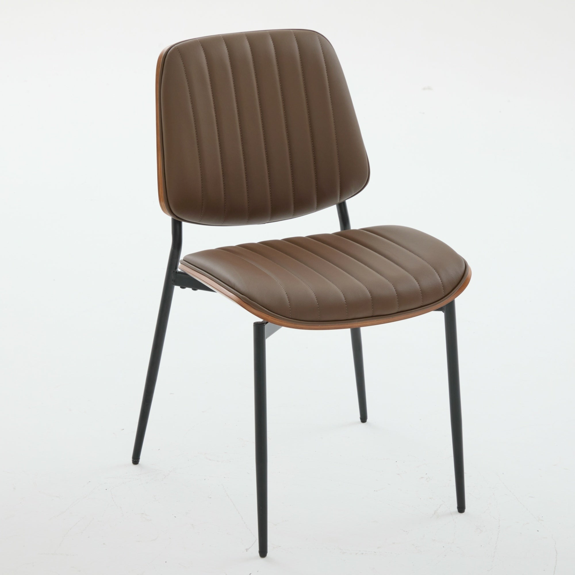 Set of 2 Mid Century Modern upholstered dining chairs with walnut bentwood backs, metal legs, and adjustable feet for kitchen or dining room.