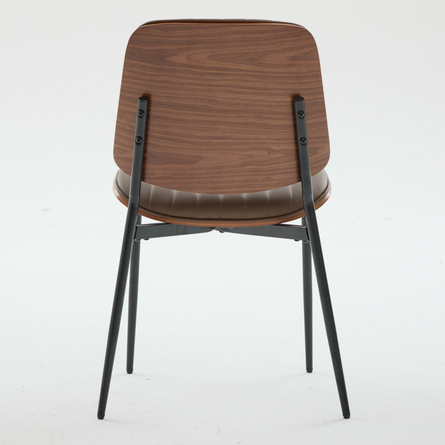 Set of 2 Mid Century Modern upholstered dining chairs with walnut bentwood backs, metal legs, and adjustable feet for kitchen and dining rooms.